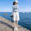 Blusa com Capuz de Manga Longa Proteção Solar de Verão Conjunto Duas Peças Feminino 2026 Novo Conjunto Casual de Shorts de Perna Larga