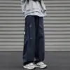 Calças de trabalho masculinas azul marinho, calças largas estilo japonês outono cityboy, calças casuais retas largas da moda