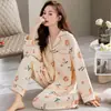 Pijama Antibacteriano de Algodón Puro 5A para Mujer en Primavera, Otoño y Verano Tallas Grandes Tallas Grandes Holgado de Manga Larga Ropa de Postparto Conjunto de Ropa para el Hogar Simple