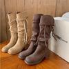 Grape Mom Studiolee Aumento de Altura 5.5cm~ Estilo Wasteland Correa Trenzada con Borlas Tacón Grueso Botas Caídas Botas Altas para Mujer