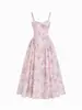 Verano Nuevo Dulce Francés Floral Sin Tirantes Ceñidor de Cintura Vacaciones Longitud Media Espalda Descubierta Vestido de Hada Venta al por Mayor