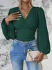 2026 Amazon Transfronterizo Primavera Nuevas Llegadas Camiseta de Color Sólido con Cuello en V Moderna y Elegante Blusa de Manga Larga de Farol Ropa de Mujer Primavera y Verano