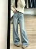 Chao Li tiene stock pantalones dobles longitud bordado cuchillo curvo jeans de mezclilla mujer otoño cintura alta pierna ancha holgado ajustado pierna recta pantalones de piso
