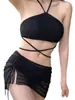 Traje de Baño Bikini para Mujer 2025 Nuevo Conjunto de Tres Piezas Dividido con Cuello Halter, Espalda Descubierta, Aspecto Adelgazante, Pecho Pequeño, Sexy para Baño en Aguas Termales