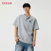 Camiseta con Cuello Americano para Hombre Verano Gris Manga Corta 2025 Nuevo Waffle Estilo Old Money Top