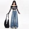 Jeans de Cintura Alta com Design Americano, Pintura Salpicada, Grafite, Perna Larga para Mulheres, Outono Vintage Desgastado Estilo Deserto Calça de Comprimento Total