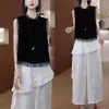 Traje de Mujer Personalizado Estilo Chino Nuevo para Verano 2026, Elegante Top sin Mangas con Parches de Encaje, Pantalones de Pierna Ancha Adelgazantes
