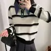Patchwork de jeans listrado color-blocking suéter de malha falso duas peças gola polo feminino outono inverno peça externa peça interna suéter pulôver casaco