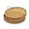 Cesta de armazenamento redonda de rattan natural, tecida à mão, com alça, bandeja para armazenamento de frutas e lanches, bandeja de armazenamento para itens diversos de mesa