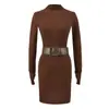 Vestido Cinza Puro Desejo com Gola Meia-Alta e Manga Longa para Mulheres, Vestido Interno Justo para Outono e Inverno, Vestido Curto Bodycon Justo