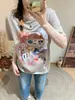 Camiseta de manga curta com estampa divertida estilo coreano para mulheres, verão, caimento solto, modeladora, cobre o quadril, top oversized relaxado