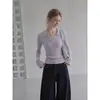 Camiseta de Manga Larga Hombro Caído Color Púrpura Taro Forever para Mujer, Otoño Temprano, Corte Delgado, Capa Interior, Cuello en V, Top de Punto Base