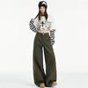 Calça Jeans Wide Leg de Cintura Alta Reta Cor Verde Militar para Mulheres Outono 2025 Novo Cor Sólida Casual Tendência Versátil Comprimento Total