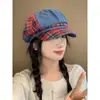 Boina de Cuadros con Empalme Estilo Coreano para Mujer, Verano, Retro, Transpirable, para Cabeza Grande, que Muestra la Cara, Sombrilla Pequeña, Boina de Pintor