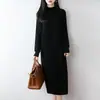 Nuevo vestido jersey de punto 100% lana para otoño e invierno con cuello semi-alto, tejido, de longitud media, adelgazante, elegante y engrosado