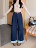 Jeans rectos de retazos a cuadros vintage talla grande para mujer, nuevo modelo 2025, pantalones de pierna ancha holgados y adelgazantes para cuerpo tipo pera