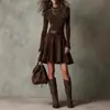 Otoño 2025 Moda Transfronteriza Europea y Americana Nuevo Elegante Temperamento Color Sólido Manga Larga Cuello Redondo Vestido