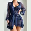 Camisola Curta Sexy Assimétrica de Cruzamento, Que Abraça o Quadril, Roupão de Renda em Malha, Conjunto de Loungewear Transparente de Manga Longa, Item Quente de Comércio Exterior