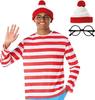 Traje de gorra y camiseta a rayas rojas y blancas para hombres adultos de comercio exterior europeo y americano, disfraz de cosplay de Halloween, fiesta