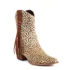 Botas Femininas Curtas de Comércio Exterior Outono e Inverno Novas Estampa de Leopardo Bico Fino Salto Grosso Salto Alto Botas de Cano Médio Estilo Franja Botas de Cowboy Ocidentais