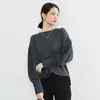 Sudadera Casual Simple Estilo Japonés y Coreano Manga Raglán para Mujer Otoño e Invierno Color Sólido Holgada Cuello Redondo Manga Larga Top con Hebilla