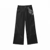 Pantalones de Mezclilla Jacquard con Estampado de Serpiente, Corte Estrecho, Ribeteado Crudo, Parches, Pierna Ancha, Ajuste Holgado, Sin Estructura