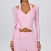 Elegante top de yoga acanalado con cuello en V y manga larga para mujer, con detalles de corbata, adecuado para correr al aire libre, deportes y fitness