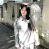 Sudadera de Retazos con Cuello Polo a Cuadros, Estilo Dos Piezas Falsas para Mujer, Estilo Delgado de Otoño, Estilo Universitario, Retro Americano, Top Holgado Sin Capucha