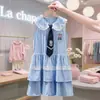 Vestido Regata Listrado para Meninas Verão Novo Desenho Animado Infantil Estilo Academia Menina Doce Elegante Vestido Camisa
