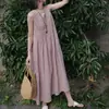 Un Soplo de Aire FrescoVestido Rosa Niebla PlisadoLino Puro Casual Artístico Plisado Cuello Redondo Sin Mangas Vestido Rosa Niebla