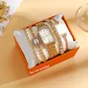 Conjunto de quatro peças de relógio e joias femininas estilo luxo, relógio de quartzo em liga de ouro com colar, brincos e pulseira