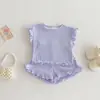 Conjunto de Dos Piezas de Color Sólido con Canalé Estilo Coreano para Niñas Nuevo Modelo con Volantes en el Borde Camiseta sin Mangas y Shorts para Casa y Exterior