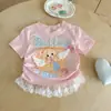 Nova Blusa de Verão Manga Curta para Meninas Ningli, Doce e Fofa, com Renda de Desenho Animado e Bordados Pesados