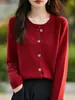Cardigan de Lã Penteada Gola Redonda Borda Dobrada Outono Inverno Feminino Solto Slim Suéter Simples Versátil Jaqueta Curta Tricotada Top