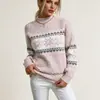 Suéter de Tricô Jacquard Coreano com Gola Alta Meia-Calça e Estampa de Flocos de Neve, Estilo Europeu e Americano Transfronteiriço, Novo para Outono/Inverno 2026, Suéter Pulôver Solto para Mulheres