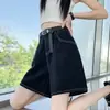 Shorts de Mezclilla Negros de Cintura Alta para Mujer, Verano 2025, Estilo Delgado, Adelgazantes, Corte Holgado, Cubre Cadera, Shorts de Longitud Media para Mujer Petite