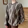 Suéter Tricotado de Lã Escovada com Gola Redonda Estilo Old Money Vintage Feminino Outono Inverno Novo Aconchegante Xadrez Diamante Bloco de Cores Suéter de Pelúcia