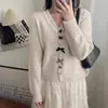 Nuevo Cardigan de Punto con Encaje Empalmado Estilo Dulce y Suave Botón de Lazo Adelgazante Simple Suéter Chaqueta para Mujer Otoño e Invierno