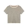 Camiseta retro de manga corta a rayas para mujer, con un elegante cuello redondo, perfecta como prenda básica para el verano de 2026. Top de estudiante holgado, casual y moderno