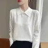 Camiseta básica de punto con cuello polo para otoño e invierno para mujer, suéter pullover casual holgado de manga larga con un diseño elegante