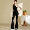 Conjunto de top de yoga de encaje azul sin hombros para mujer, diseño de verano sin hombros, ajuste ceñido, top elegante con almohadillas en el pecho