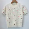 Blusa de malha de verão nova moda tendência floral gola redonda manga curta linho resistente bordada flor de rosa estilo celebridade