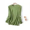 Top de tricô fino com proteção solar, gola redonda, manga longa, soltinho, casual, para outono leve e respirável, Lyocell + linho para mulheres