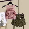 Traje de Trabajo para Niñas Verano Nuevo Tallas Mediana y Grande Estampado de Cómics Camisola Shorts de Mezclilla Conjunto de Dos Piezas para Niñas