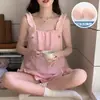 Pijama de Verão para Mulheres com Tops Acolchoados, Alças, Shorts, Algodão Nuvem, Estilo Coreano Ins Estilo Princesa Casual Solto Conjunto