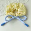 Garota da faculdade! Elástico de Cabelo Fita de Cetim Amarrada Xadrez Rosa e Azul Anel de Cabelo Nuvem Fofa Cordão de Cabelo Bola Faixa de Cabelo