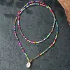 Colar Dupla Camada de Miçangas Coloridas Estilo Boho com Pingente de Concha Corrente de Clavícula em Camadas Colar Estilo Férias para Mulheres