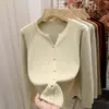 Suéter Abrigo Cardigan de Punto de Manga Larga para Mujer Nuevo Otoño Cuello Color Sólido Temperamento Simple Top de Punto Blanco