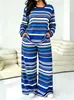 Conjunto de Calça de Perna Larga Listrada de Manga Longa Estilo Europeu e Americano Novo para Mulheres 2026, Conjunto de Duas Peças Moda Casual Primavera e Outono, Estilo Tendência Transfronteiriço