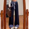 Jeans de Costura com Design de Nicho Feminino Primavera e Outono 2025 Nova Chegada Laço Cintura Alta Emagrecimento Solto Calças de Perna Reta